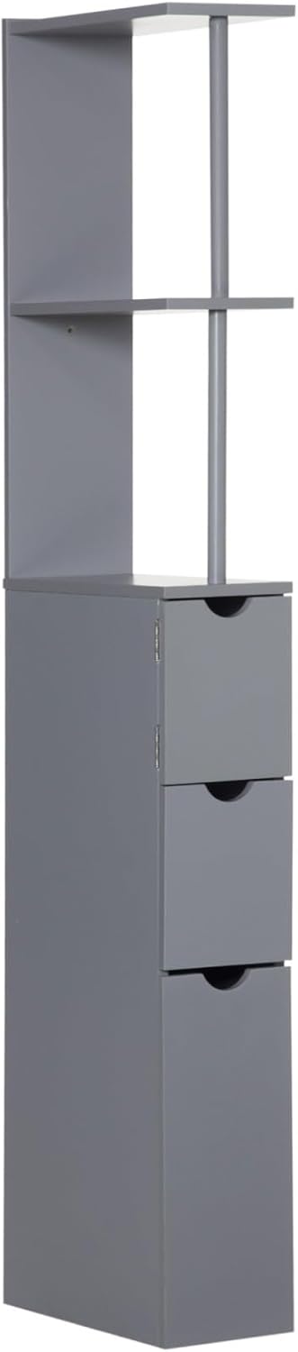 54" Tall Bathroom Storage Cabinet, Freestanding Linen Tower with 2-Tier Shelf and Drawers, Narrow Side Floor Organizer, Grey