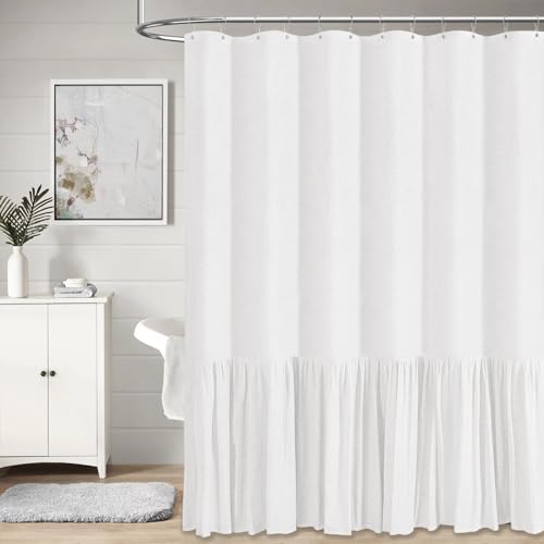 BTTN Long Linen Textured Shower Curtain - 72x80 Inch Long Shabby Chic Heavy Duty Fabric Shower Curtain Set with Ruffle Hem, Tall Farmhouse Vintage Cloth Shower Curtains for Bathroom Decor - White by BTTN - Used condition - US$26.89