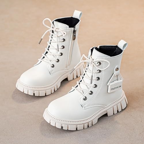 Girls Lace Up Riding Boots Side Zipper PU Leather Waterproof Mid Calf Riding Winter Boots Fashion Comfortable Round Toe Low Heel Combat Goth Leather Solid Color Ankle Booties 4-11 Years3