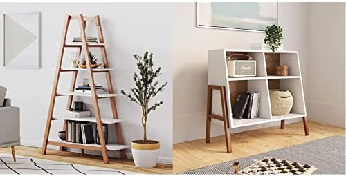 Nathan James Carlie 5-Shelf Bookcase Display or Decorative Storage Rack, White/Brown & 71001 Telos 4-Cube Storage Organizer, White Storage Open Cubby Shelf with Angled Design, Brown/Glossy White