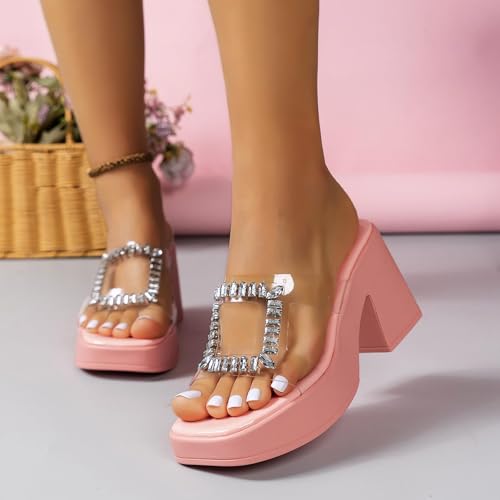 Chunky Platform Heels for Women Rhinestone Fashion Comfort Slip on Square Open Toe Block Heel SIides3