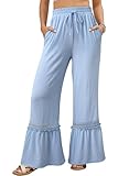 Dokotoo Wide Leg Pants for Women 2026 Summer Fashion Casual Loose Fit Elastic High Waist Drawstring Boho Beach Lounge Trousers Solid Lace Ruffle Hem Pants with Pockets Resort Wear Sky Blue XX-Large