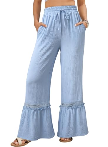 Dokotoo Wide Leg Pants for Women 2026 Summer Fashion Casual Loose Fit Elastic High Waist Drawstring Boho Beach Lounge Trousers Solid Lace Ruffle Hem Pants with Pockets Resort Wear Sky Blue XX-Large