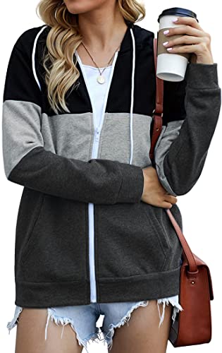 EUDOLAH Damen Colorblock Sweatjacke mit Tasche Kapuzenjacke mit Reißverschluss Loose Fit Hoodie Casual Running Fitness Sweatshirt Schwarz S