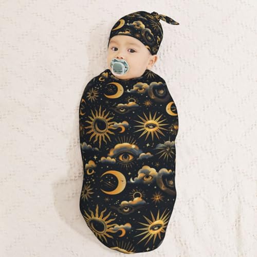 Image of Golden Sun Moon Eyes Newborn Swaddle Blankets Hat Sets Soft Baby Receiving Blanket Swaddle Sack for Baby Shower Infant Boy Girl Gift