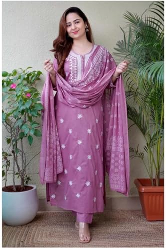Image of Royal Export Women's Viscose Floral Embroidered Straight Kurta Pant with Dupatta Set | Kurta Sets for Women