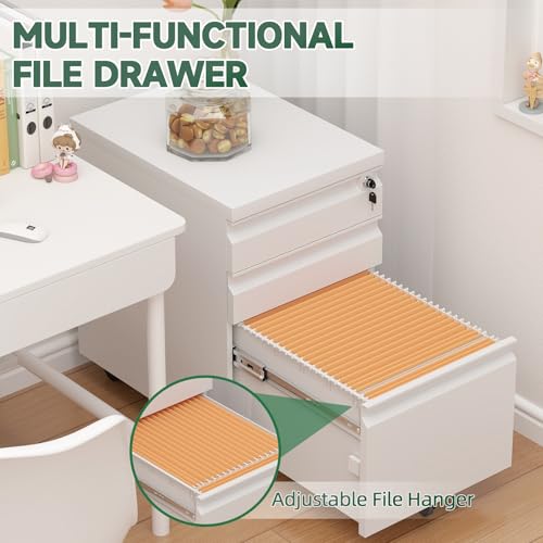 Image of 3 Drawer File Cabinet, Metal Printer Stand with Roling Caster, Under Desk Storage for Home Office, File Cabinet with Lock, No Assembly Required, White