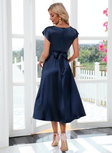 Image of Women's Summer Satin Dress Elegant A-Line Cap Sleeves Tie Waist Flowy Midi Dress Cocktail Wedding Guest Dress