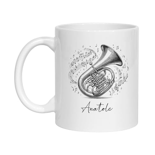 Personalized Tuba Instrument Porcelain Mug 11oz 15oz, Tuba Pencil Drawing Teacup With Custom Name, Tuba Gifts For Tuba Players Tuba Lovers, Tuba Musician Ceramic Coffee Mug, Tubaist White Travel Mug