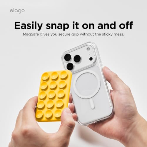 Image of elago Magnetic Suction Cup Phone Mount for iPhone, Compatible with MagSafe | Removable, Silicone, Holder, Hands-Free Selfies, Video for TikTok, Instagram Influencer, Creator, Strong Magnetism (Sunshine)