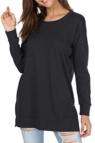 Womens Fall Long Sleeve Plus Pullover Side Split Loose Casual Tunic Tops Black L #TOP2
