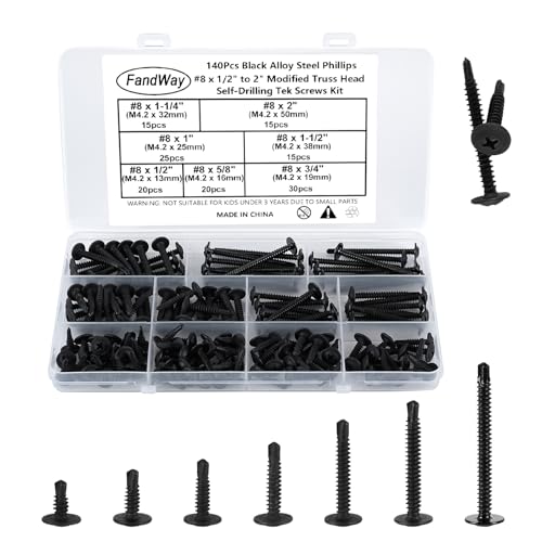 Image of FandWay 140Pcs Self Tapping Screws for Metal,M4.2 Self Drilling Screws for Steel,Wafer Head Tek Screw,Modified Truss Head Sheet Metal Screw Black Oxide for MetalWork Aluminum Wood Plastics.