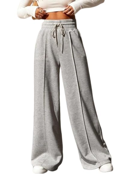 Women's Wide Leg Casual Pants, High Waist Cotton Blend, Drawstring, Light Colour, Relaxed Fit