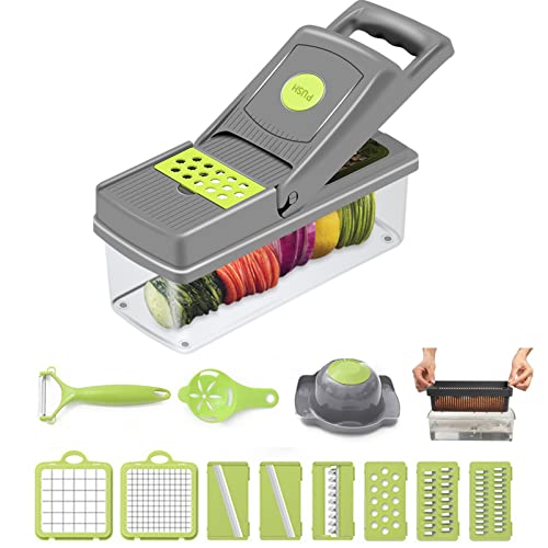 V-SHWAS 13-in-1 Vegetable Chopper with Container Manual Food Potato Onion Salad Veggie Dicer Chopper Cutter with Vegetable Peeler, Egg White Separator & Hand Guard, Kitchen Gadgets
