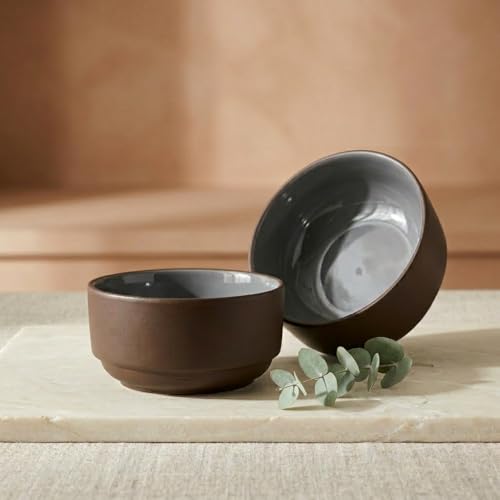 Image of BLACKCARROT Stoneware Ceramic Bowls Set of 2 | 750 ml Each, Microwave Safe, Bone Ash-Free, Salad & Pasta Bowls | Elegant Brown Sand Design