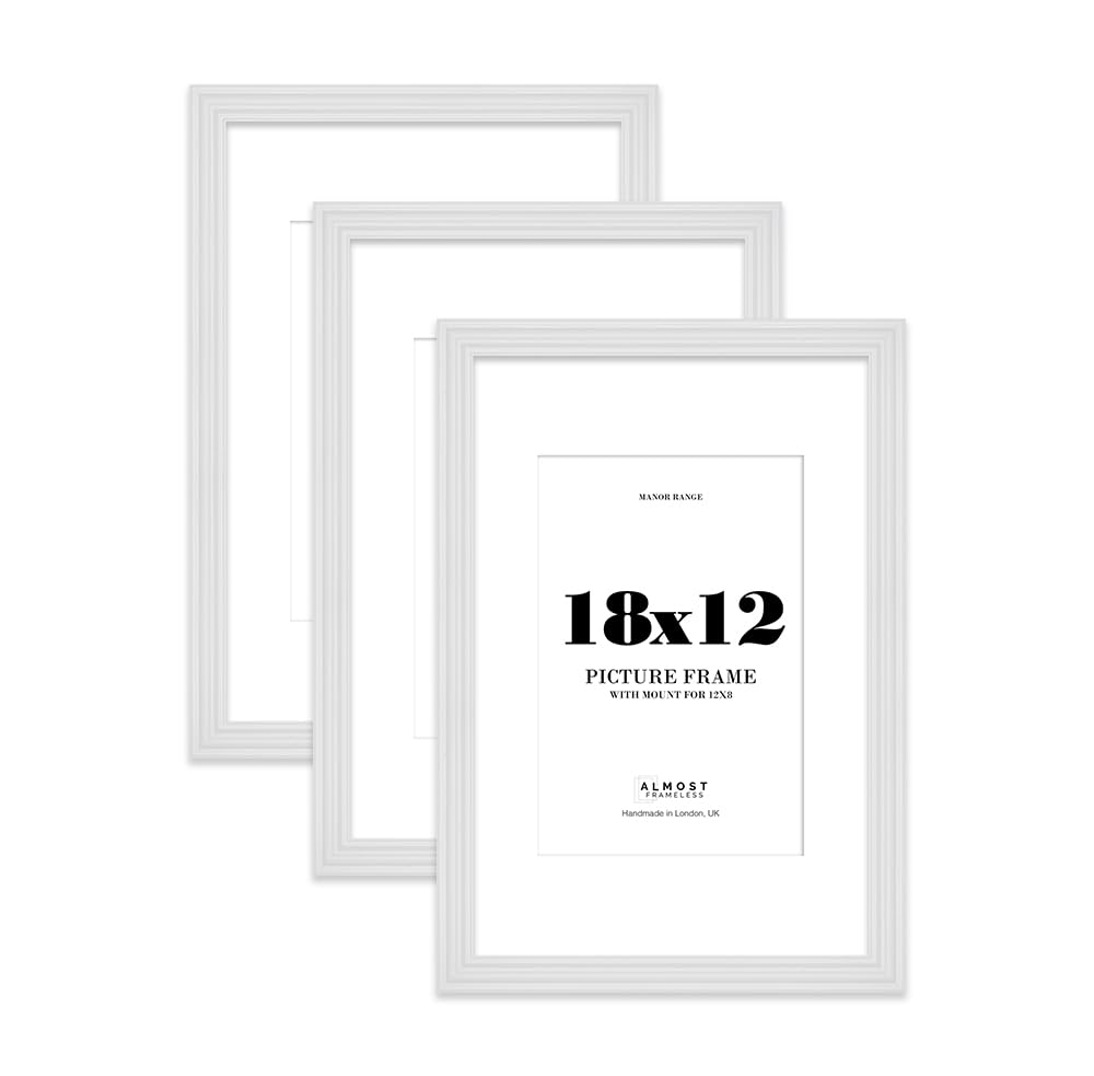 18x12" White Picture Frame - 18x12" Frame with 12x8" Mount for 18x12"/12x8" Pictures Vintage Style Antique-Inspired Home Accessories, 3 Pack
