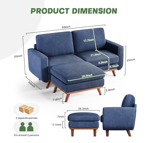 Image of Vesgantti 68 inch Loveseat Sofa with Movable Ottoman, Comfy Corduroy Couch with Spring Cushion, Sofa Couch with Solid Wood, Modern Office Sofa with Deep Seat for Living Room and Bedroom, Dark Blue