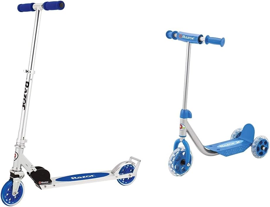 Razor A3 Kick Scooter for Kids Ages 5+ - Foldable, Lightweight, Large Wheels, Front Vibration Reducing System, Adjustable Handlebars, for Riders up to 143 lbs, Blue & Jr. Lil' Kick Scooter