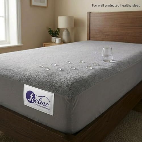 Image of Feelme Cotton Mattress Protector Single Bed Waterproof Mattress Cover for Single Bed 72X48 Inch / 6X4 Feet Grey Water Proof Gadda Cover