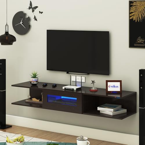 Image of Anikaa Vetra Wall Mount Modern Floating TV Unit for Living Room with Open Shelf Storage Cabinet & Middle Cabinet Blue LED Light (Ideal for 32 to 65 inch TV, DIY Installation, Wenge Finish)