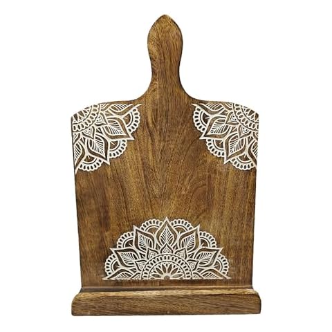 VANIYA CRAFTS Wooden Engraved Cookbook Stand Recipe Book Holder, Adjustable Cook Book Stand Easel Cutting Board Design for Kitchen Counter Text Book Ipad Tablet (Burn White) Cover