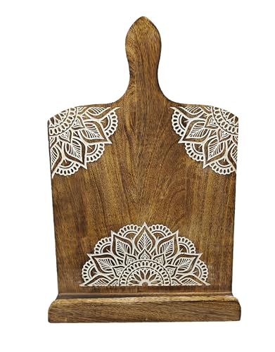 VANIYA CRAFTS Wooden Engraved Cookbook Stand Recipe Book Holder, Adjustable Cook Book Stand Easel Cutting Board Design for Kitchen Counter Text Book Ipad Tablet (Burn White)