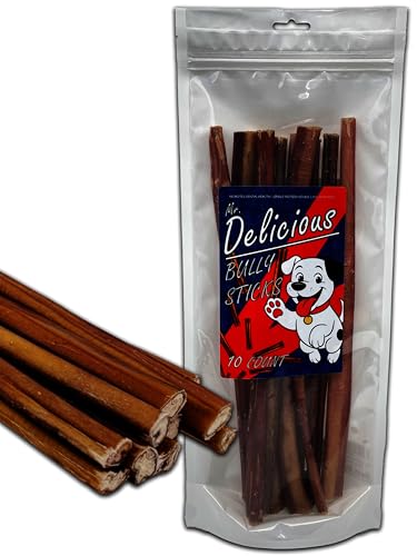 Mr. Delicious Bully Sticks for Dogs (10 Count, 12 Inch Thin), Consistent Thickness, All Natural, Grass Fed, Rawhide-Free, Single Ingredient, Long Lasting Dog Chews