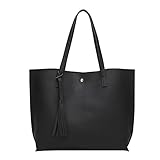 PB-SOAR Damen Mädchen Fashion Shopper Schultertasche Schulterbeutel Henkeltasche Handtasche Einkaufstasche aus Kunstleder 36x30x11cm (B x H x T) (Schwarz)