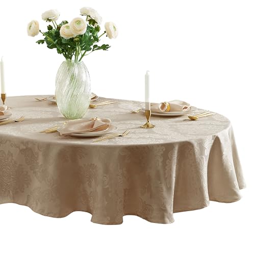 Newbridge Barcelona Damask 60 x 120 Inch Oval Tablecloth, Golden Beige