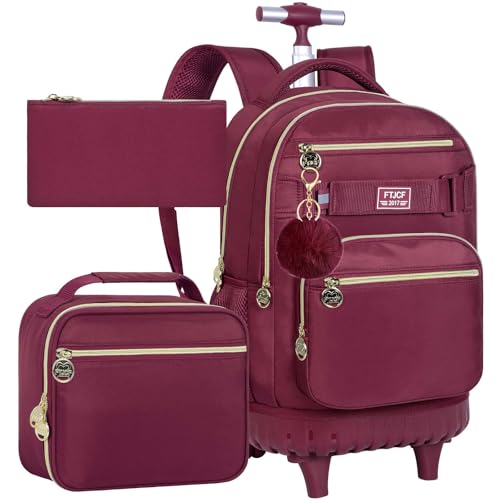 TXHVO 3Pcs Rolling Backpack for Girls Women, 19 Inche Adults Roller Backpacks with Wheels, School Wheeled Bookbag with Lunch Box(Wind Red)