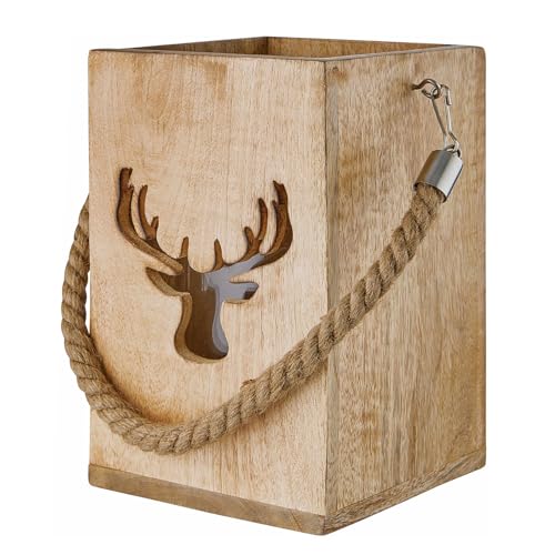 BUTLERS Laterne Hirsch 24cm Mangoholz Forest | Windlicht für Stumpenkerzen | rustikale Dekoration für drinnen | stimmungsvolle Beleuchtung für Herbst & Weihnachten