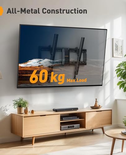 Perlegear TV Wandhalterung, Neigbare Fernseher Halterung für 37-82 Zoll Flach & Curved LED/LCD/OLED/Plasma Fernseher, Max VESA 600 x 400 mm, 60 kg Kapazität, mit verstellbaren Zugschnüren – Bild 4