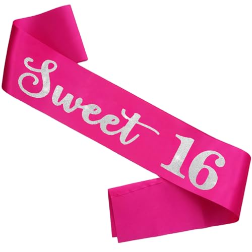 FSJJLLU Sweet 16 Sash for Girls,16th Birthday Sash Hot Pink with Silver Glitter Letters Birthday Decorations 16th Birthday Party Gifts Birthday Party Supplies for Girls