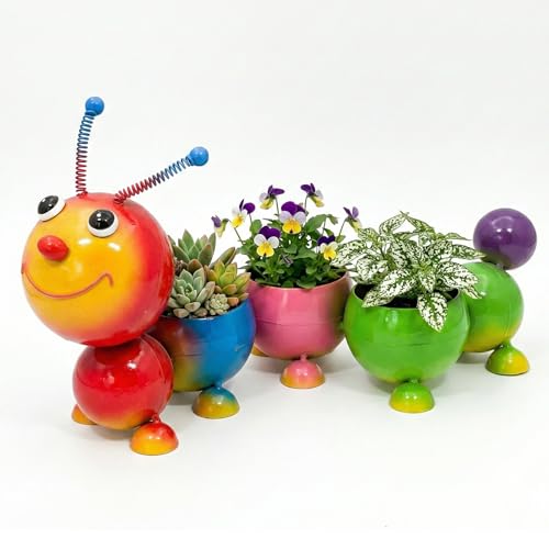 FKKsparkler Cute Caterpillar Flower Pot Metal Yard Art Garden Decor Mini Plant Cactus Succulent Planter for Indoor&Outdoor Decor, Gift for Mom Grandma-Colorful
