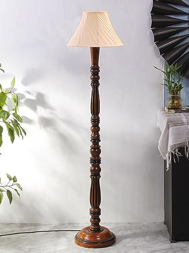Image of AMDHOME Cross Pleated Off-White Cotton Floor Lamp with Wooden Base - Height 54 Inches | Elegant Standing Lamp for Living Room, Bedroom & Office | Stylish Home Lighting & Decorative Lamp