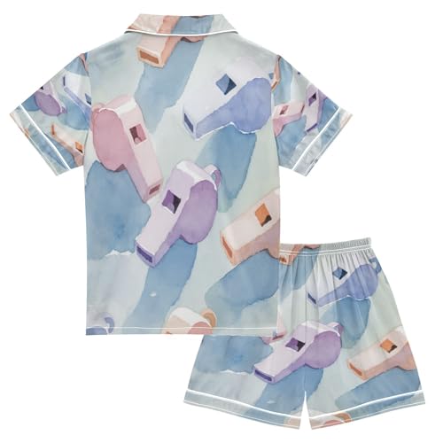 Satin Pajama Sets Short Sleeve Whistle Pattern Print on Fabric Button Down Silky Nightwear 2 Piece PJS 5-14Y2