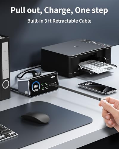 Image of MOKiN 8-in-1 Charging Station, 3 USB-C,2 USB-A,3 AC, GaN Desktop Charger Station with Retractable Cable, 1500J Surge Protector Power Strip for iPhone 17 /16,MacBook Pro, Laptop,Gaming Desk Accessories
