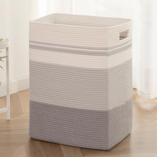 Image of OIAHOMY Rectangle Laundry Hamper With Handles - Large Cotton Blanket Basket for Living Room, Woven Decorative Storage for Clothes, Pillows - 16x13x22in - Gradient Grey