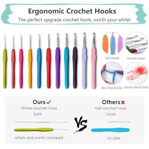Image of VIRADHAM Crochet Hooks Set, 12 Sizes Ergonomic Crochet Hook Kit with Soft Grip Handles for Arthritic Hands, Crochet Kit for Beginners, Knitting & Crochet Needles with Accessories and Zipper Case - Gift for Women (30 Pcs Multi - Colours)
