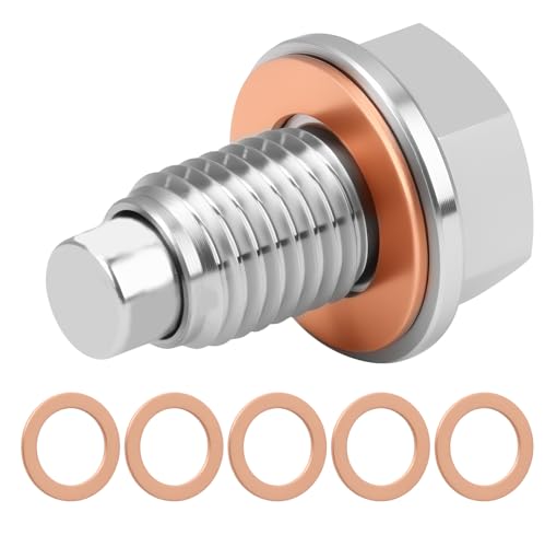 Magnetic Oil Drain Plug with Copper Crush Washer – M12 X 1.5 Stainless Steel Sump Drain Nut Bolt, Oil Plug Replacement, Magnetic Oil Drain for Cars Motorcycles –5 Washers, Universal Fit