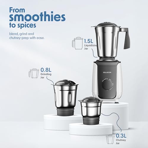 Image of CELLECOR CMG60WH Mixer Grinder 600W | 3 Speed Control | 6 Blades (White-Black)