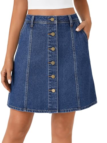 SweatyRocks Women's Denim Midi Skirt - Elastic Waist A-Line Button Skirt With Pockets