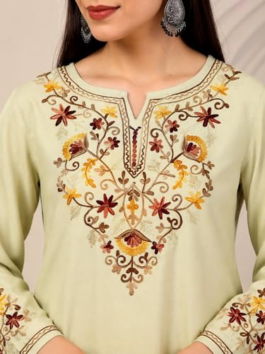 Image of QAZMI Women's Jasmine Kashimiri Aari Embroidered Viscose Rayon A-Line Flared Short Kurti
