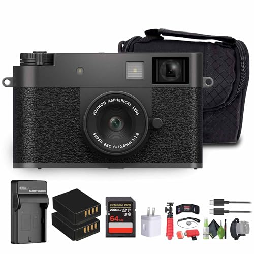 FUJIFILM X ハーフプレミアムコンパクトデジタルカメラ(チャコールシルバー)バンドル。予備のバッテリーと充電器、キャリーケース、64GBのメモリカード、クリーニングキット、柔軟な三脚付き。