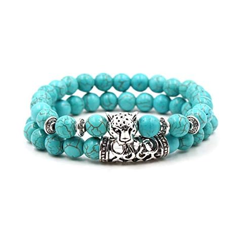 MiniJewelry 2PCS Leopard Panther Turquoise Bracelet for Women Men Elastic Stretch Beaded Blessing Animal Birthday Cover