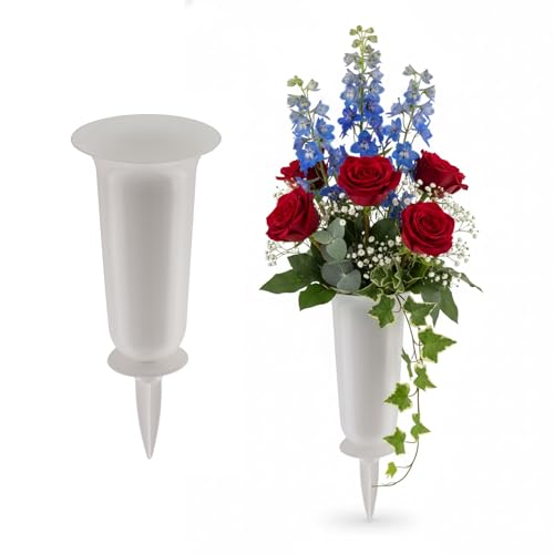 matches21 HOME & HOBBY Lot de 2 vases funéraires résistants aux intempéries avec piquet 32 cm Blanc – 2 vases de cimetière à planter comme décoration funéraire