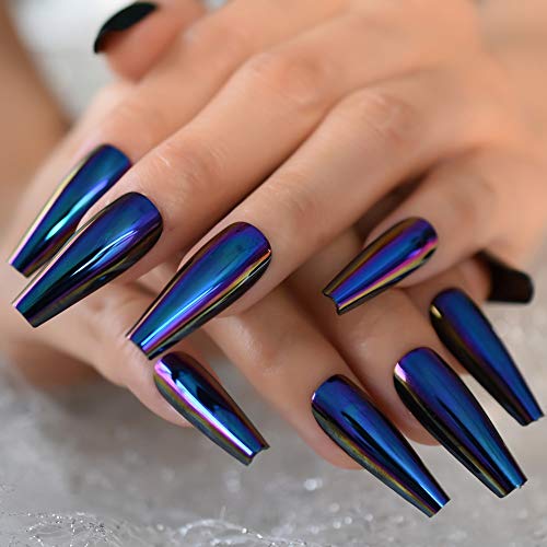 Echiq Chrome Diamond Blue Press On Fingernails Coffin Metallic Mirror Holo Fake Nails Extra Long Ladies Designed Tips For Finger #TOP1