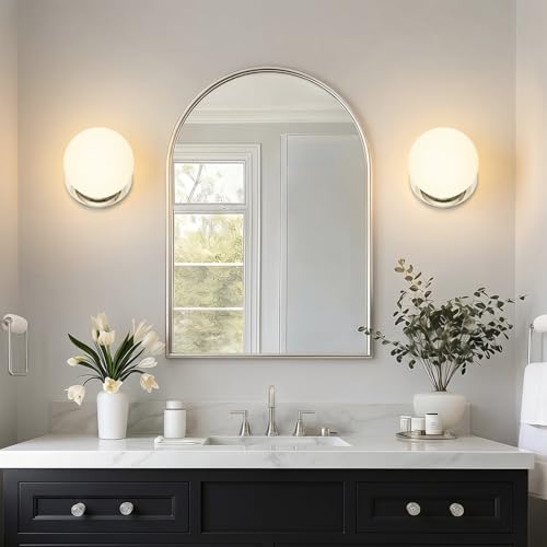 Image of 2 Pack Modern Chrome Wall Light Fixtures, Mid-Century Globe Glass Wall Sconces Set of Two for Bathroom Mirror, Living Room, Hallway, Entryway (Bulbs Not Included)