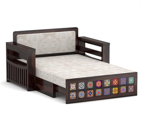 Image of Solid Wood Sofa Cum Bed with Decorative Tile Design | Modern Pull-Out Wooden Diwan Bed with Cushioned Seating | Convertible 2 Seater Sofa Bed for Living Room (Walnut Finish)