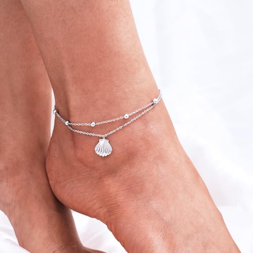 Image of CHIC & ARTSY 925 Sterling Silver Ankle Bracelets for Women, Adjustable Layered Foot Chains with Nature & Symbol Charms, Lightweight Comfort Fit Boho Beach Everyday Jewelry